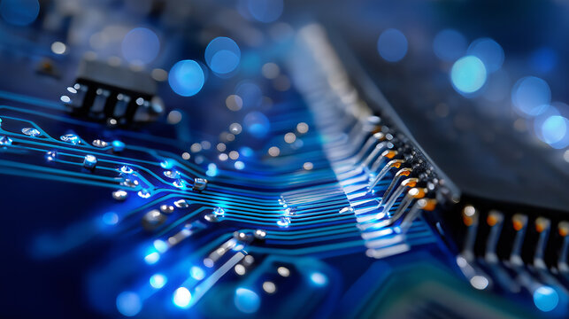Diagonal close-up of wires and microchips, blue highlights, empty margin left for text.