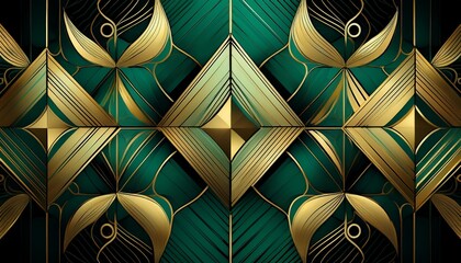 abstract background with geometric patterns in retro hues of emerald green gleaming gold and classic black
