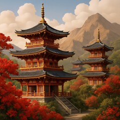 Ancient Japanese Pagodas in Scenic Mountain Landscape with Autumn Foliage