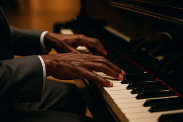 The hands of a professional black male pianist wearing a stylish suit elegantly play and perform a classical piece on a glossy grand piano