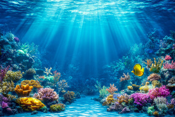 Obraz premium Underwater marine life landscape with colorful coral formations, vibrant sea plants, and a yellow fish swimming in clear blue water with sunbeams.
