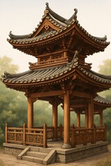 Traditional Chinese Wooden Pagoda with Curved Roof Architecture