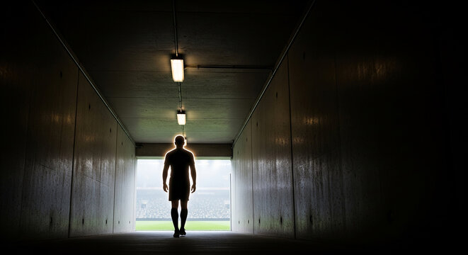 Athlete entering stadium field through tunnel