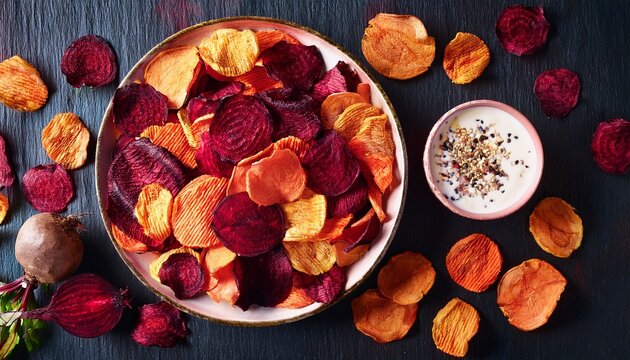 vegetable organic chips from potatoes beets and carrots top view