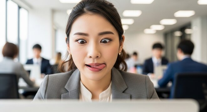 アイスブレイク：オンライン会議で場を和ませようと変顔を披露する、ユーモアのある日本人女性社員