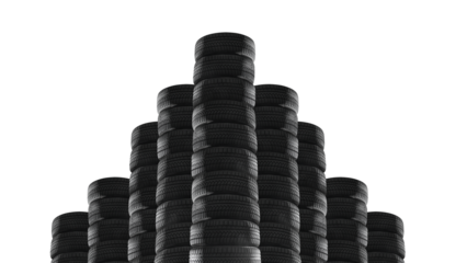 a lot of car tires stacks, isolated on free png background. Transportation and automotive maintenance concept