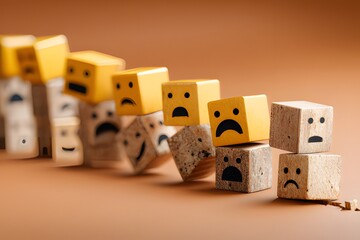 Crumbly textured blocks with sad faces and expressive features, symbolizing emotion in abstract art form