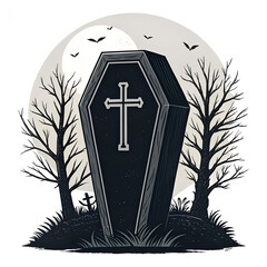Dark gothic coffin with cross design standing under a haunting full moon, surrounded by leafless spooky trees and flying bats in eerie graveyard setting, perfect for Halloween decorations, horror art 