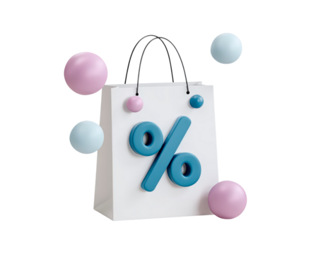 Shopping bag with percent symbol and colorful spheres for promotional sale on transparent background, PNG