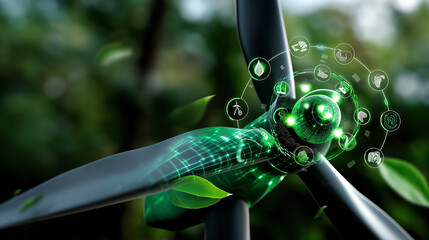Green energy concept: turbine with glowing eco-friendly icons integrated in holographic twin.