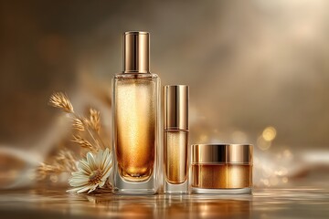 Golden beauty products shimmer brightly in elegant bottles and jars, reflecting a luxurious glow with natural floral accents.