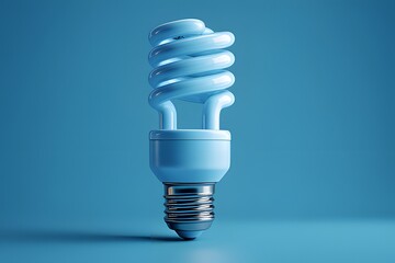 Close-up of glowing energy-efficient spiral light bulb lying on textured surface with blue illumination
