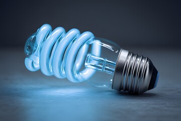 Close-up of glowing energy-efficient spiral light bulb lying on textured surface with blue illumination