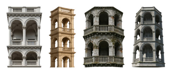Stone architectural tower and balcony set including classic, ornate, aged, and octagonal variants isolated. Historical building elements for design.