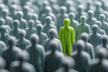 Green wooden figure standing out in crowd of identical pale figures, concept of individuality and leadership