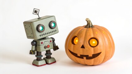 Retro robot toy and jack-o'-lantern halloween scene home photography festive atmosphere close-up whimsical vibes