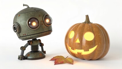 Charming retro robot with pumpkin home decor fun celebration cozy indoor whimsical concept