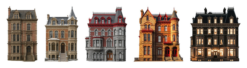 Victorian house set including brick, stone, and mansard roof styles isolated. Historical urban architecture collection.