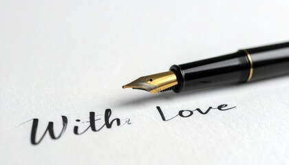 Fountain pen writing "With Love" on white paper close-up