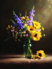 Vibrant still life of sunflowers and wildflowers in glass vase featuring rich seasonal tones and painterly composition