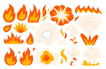 Fire and Explosion Icons Set. Retro Cartoon Flames and Smoke. Vintage Comic Book Effect Artwork. Danger Graphic Collection.