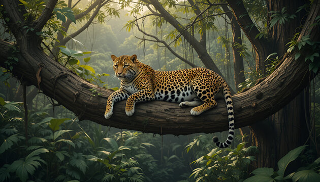 leopard resting on a tree branch in jungle - Powered by Adobe