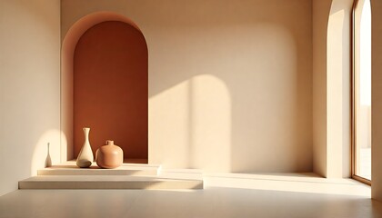 Serene minimalist interior with warm light casting shadows on arched alcove and elegant vases