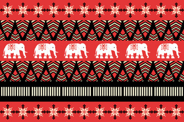 Festive ethnic pattern with decorative elephants, snowflakes, and geometric designs in red, green, and cream on black background, perfect for Christmas and holiday themes.