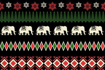 Festive ethnic pattern with decorative elephants, snowflakes, and geometric designs in red, green, and cream on black background, perfect for Christmas and holiday themes.
