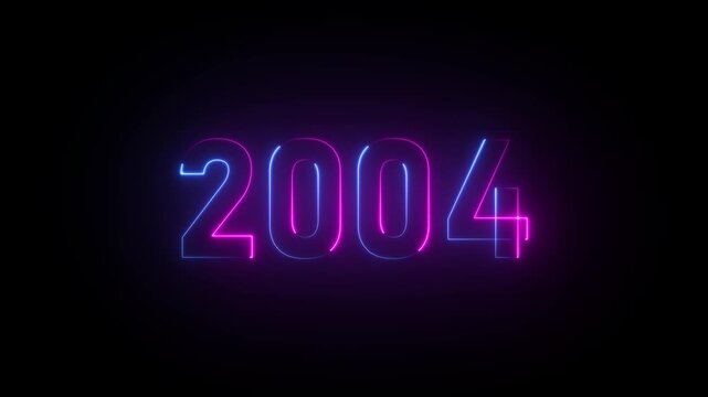 Neon glowing number 2004 on black background year