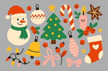 Christmas Elements Collection. Retro Holiday Doodles Illustration. Vintage Xmas Icons Artwork. Festive Winter Graphic.