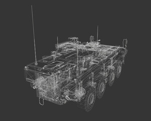 Armored personnel carrier 3D model on black background, featuring detailed wireframe structure for military applications.