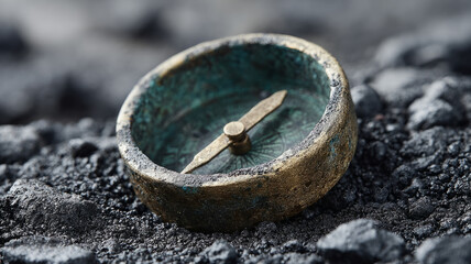 An antique compass resting on a rough, dark surface.