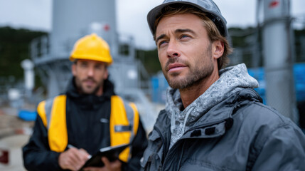 Obraz premium This image captures two construction workers at an industrial site, showcasing teamwork and concentration amid a dynamic work environment with machinery in the background.