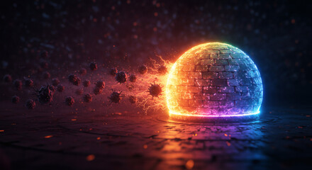 Futuristic cybersecurity concept showing a glowing energy shield providing powerful digital defense against a virus and malware attack