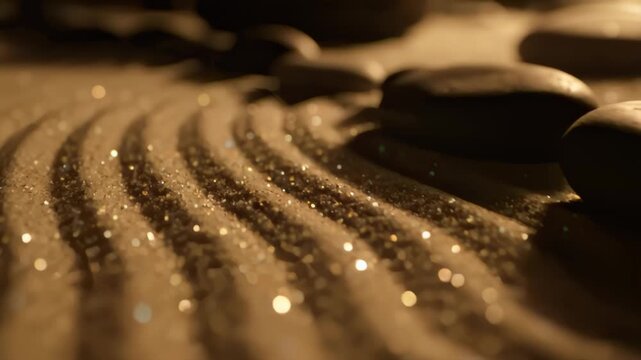 Zen sand garden with parallel grooves and shadowed black pebbles