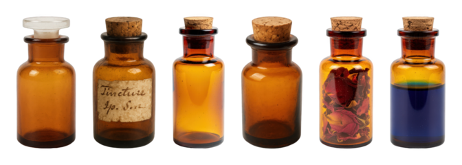 Vintage amber glass bottle set including frosted stopper, corked, labeled, empty, and filled variants isolated. Apothecary and historical collection.