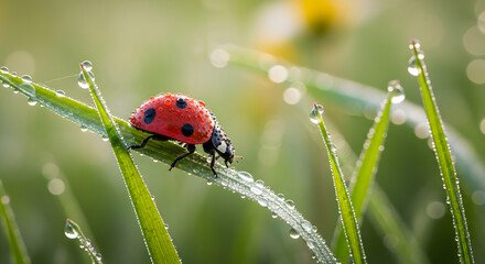 Fototapeta premium Close-up of a Ladybug Covered in Dew on a Blade of Grass