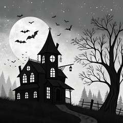 Spooky haunted house under full moon night sky with flying bats, eerie dark forest, creepy leafless tree, glowing windows, Halloween horror atmosphere, gothic haunted mansion silhouette, chilling spoo