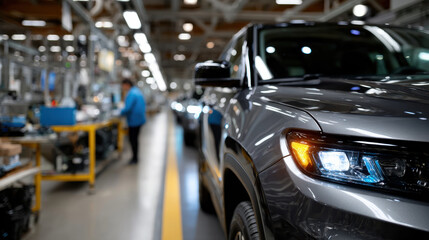 A sleek gray vehicle is showcased at an automotive manufacturing facility, highlighting the assembly process with workers in the background and advanced machinery.