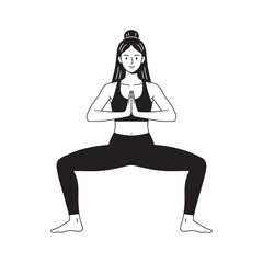A black and white line drawing of a woman in Goddess Pose yoga position with hands in prayer.