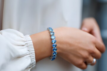 Elegant silver bracelet with blue gemstones worn on wrist, close-up of luxury jewelry against lace fabric