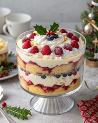 Indulge in a festive christmas trifle dessert layers of sponge cake custard cream and berries perfect for holiday celebrations