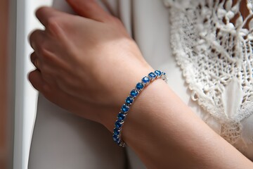 Elegant silver bracelet with blue gemstones worn on wrist, close-up of luxury jewelry against lace fabric