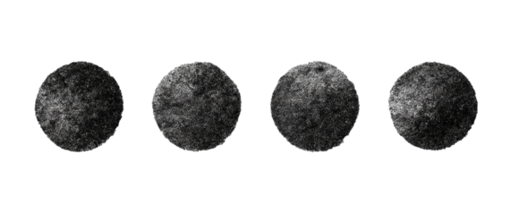 Five stylized moons, varying phases, in a row.  Gray, textured circles against a black background.  Each moon is subtly different