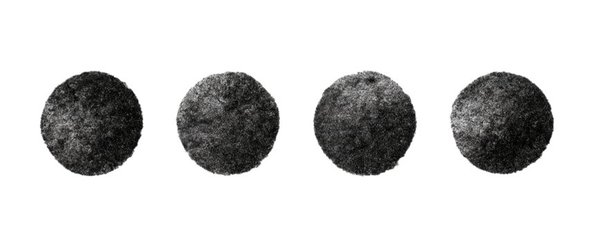 Five stylized moons, varying phases, in a row.  Gray, textured circles against a black background.  Each moon is subtly different
