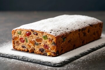 Baking a traditional fruitcake delight home kitchen recipe guide festive atmosphere culinary perspective dense cake with dried fruits and nuts topped with powdered sugar