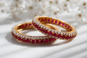 Elegant gold bangles with red gemstones and diamond accents displayed on white marble surface