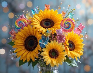Whimsical sunflower bouquet adorned with colorful lollipops and gummy bears, creating a joyful, sweet celebration.