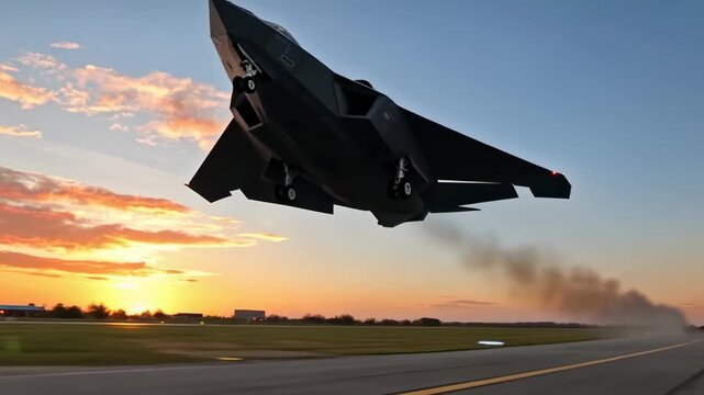 Stealth aircraft taking off at sunset